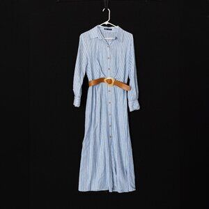 Zara Blue Stripe Linen Blend Shirt Dress with Belt